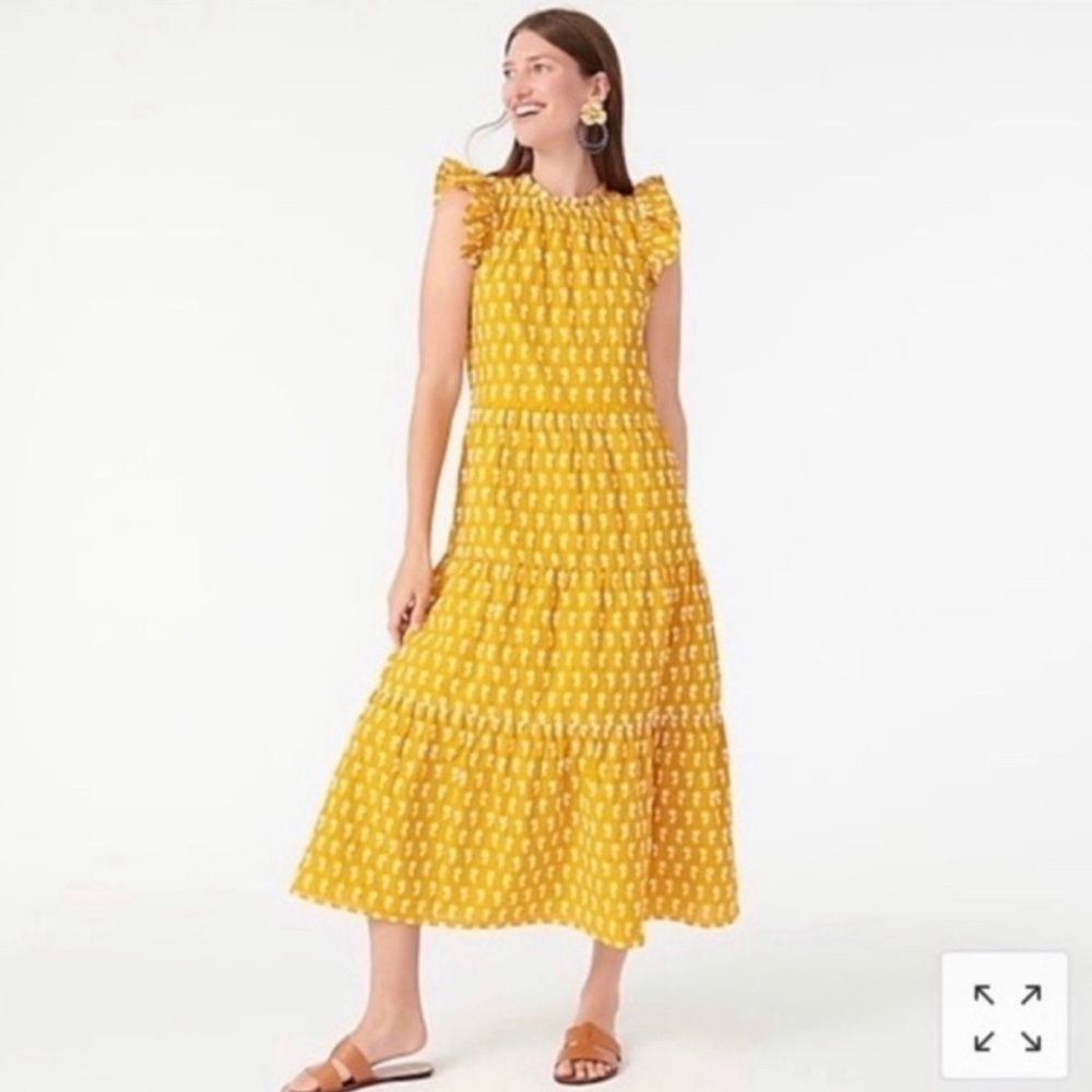 J Crew Tall yellow mustard floral tiered ruffle sleeves maxi dress size small